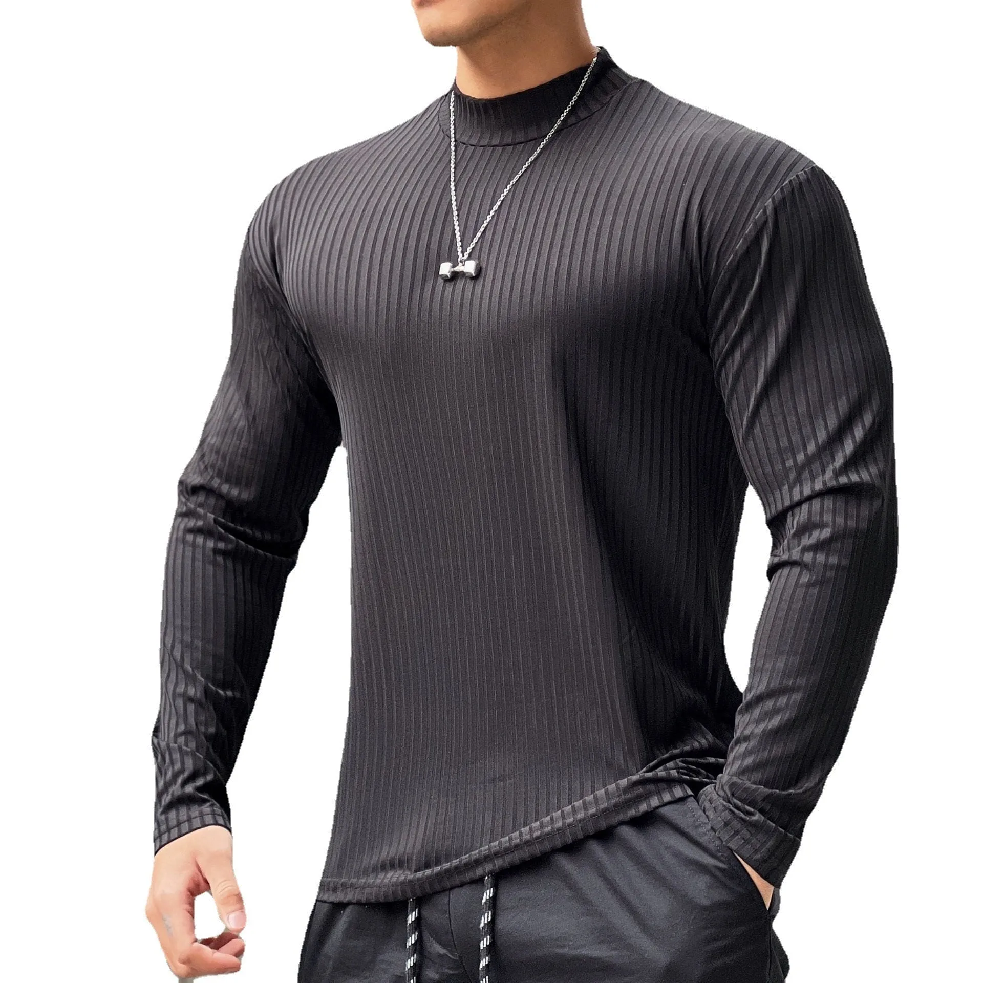 Autumn Casual Skinny T-shirt Men Long Sleeves Solid Shirt Gym Fitness Bodybuilding Tees Black Tops Male Fashion Stripes Clothing