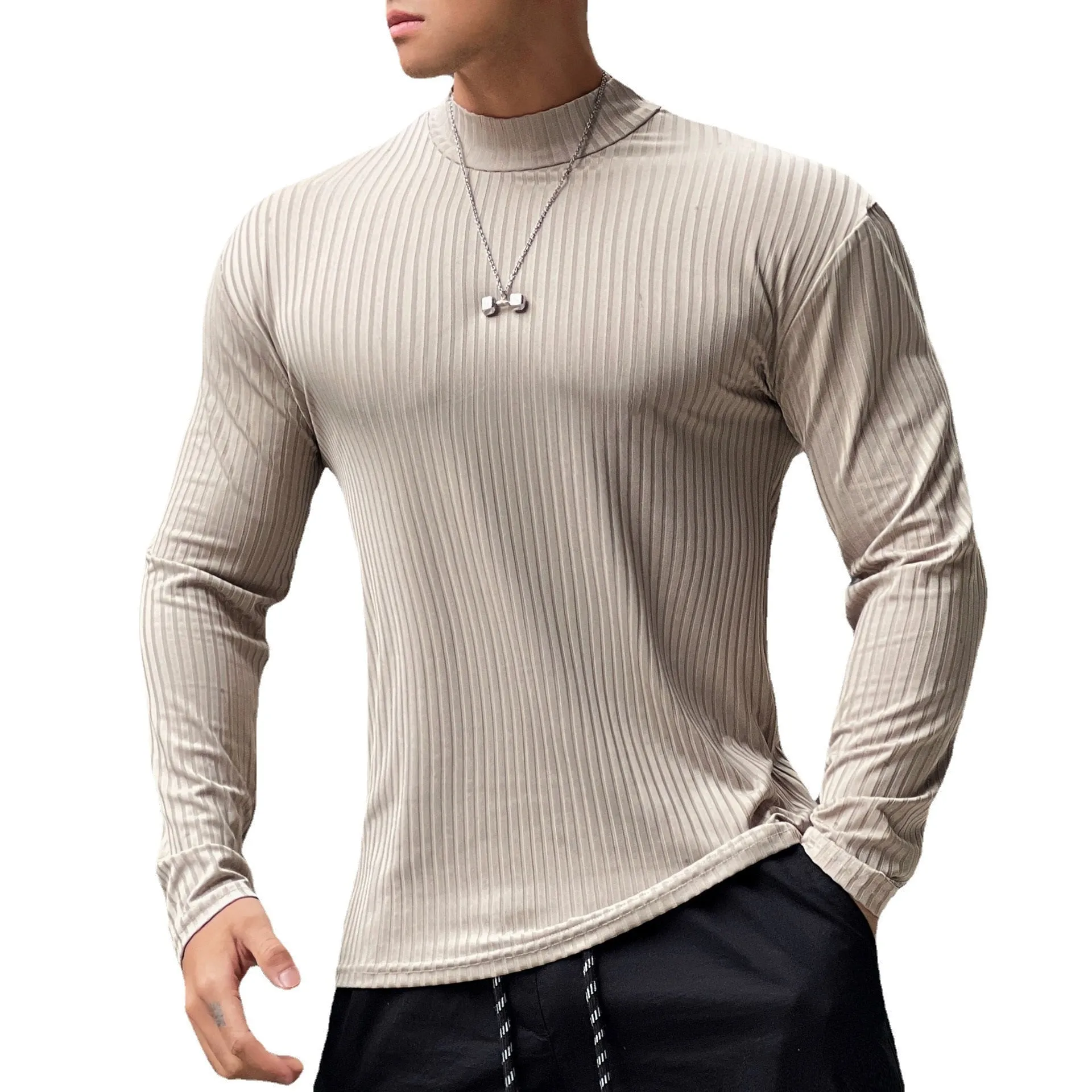 Autumn Casual Skinny T-shirt Men Long Sleeves Solid Shirt Gym Fitness Bodybuilding Tees Black Tops Male Fashion Stripes Clothing