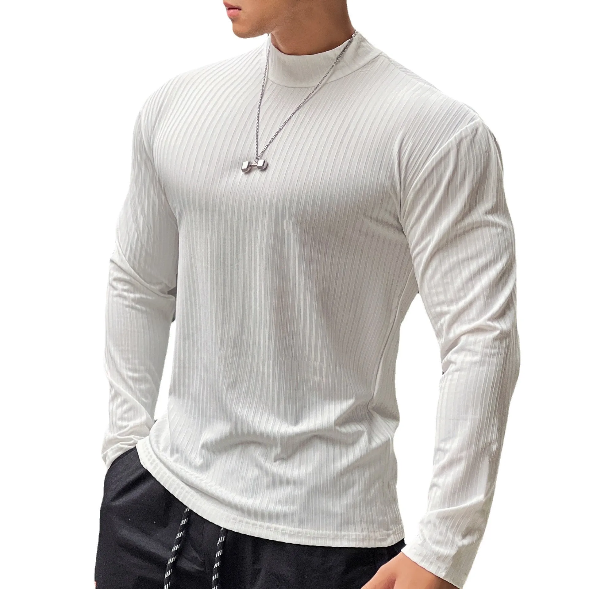 Autumn Casual Skinny T-shirt Men Long Sleeves Solid Shirt Gym Fitness Bodybuilding Tees Black Tops Male Fashion Stripes Clothing