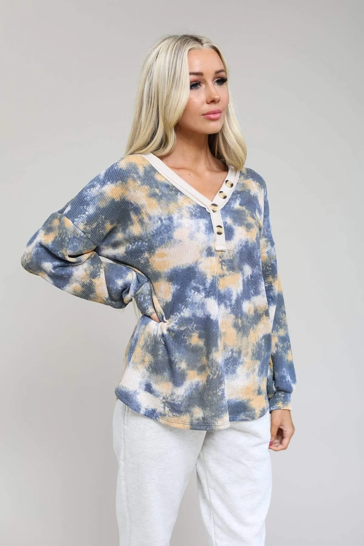 Tie Dye Button Detail V-Neck Top