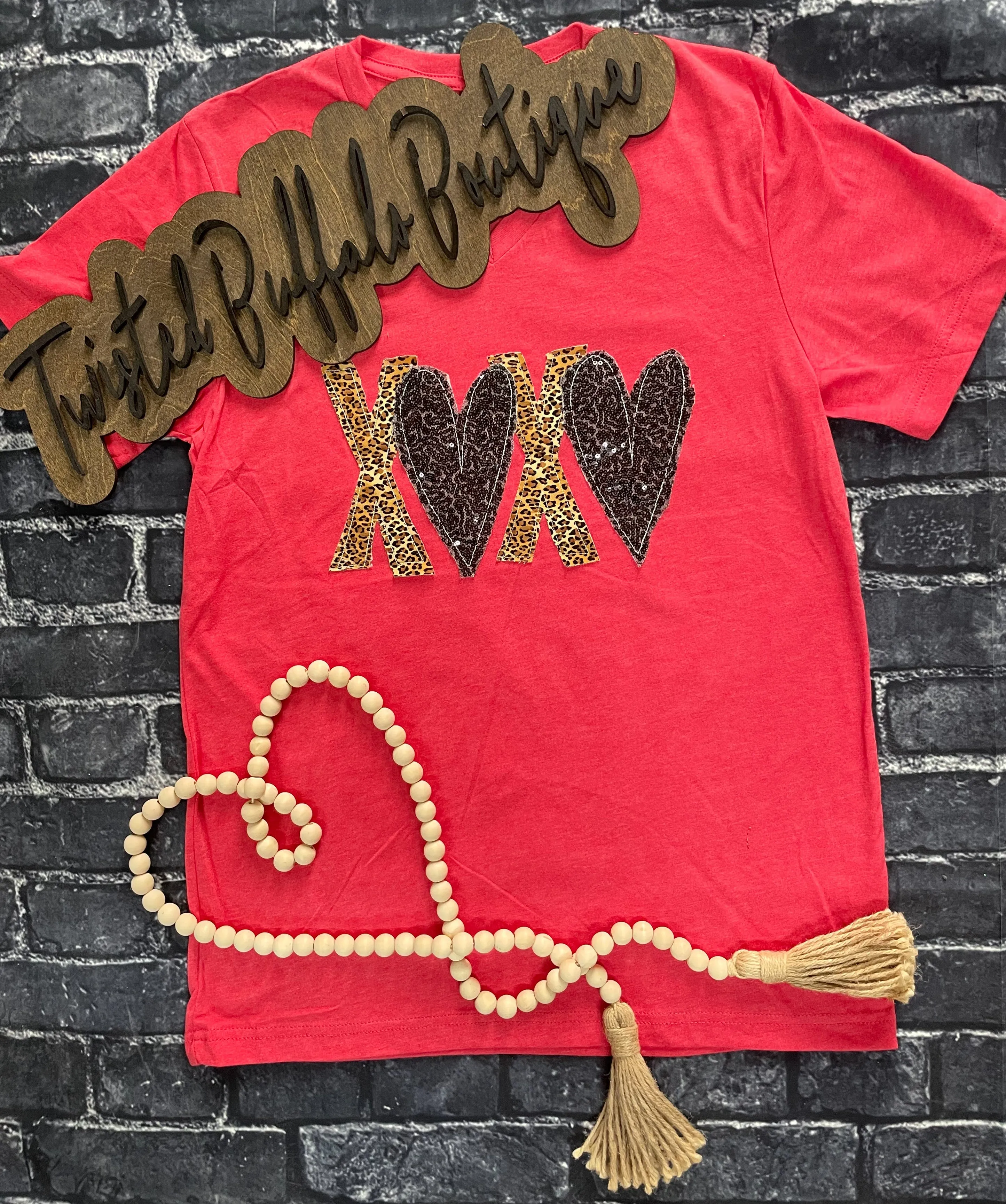 {100% WILD LOVE} Appliqued Leopard   Black Sequins Red V-Neck Tee