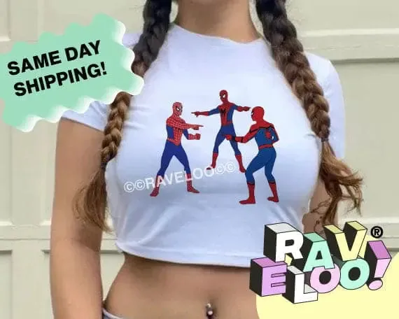 Funny Spider Man Cropped T-Shirt, crop top, y2k aesthetic, y2k clothes, y2k aesthetic top, collared shirt