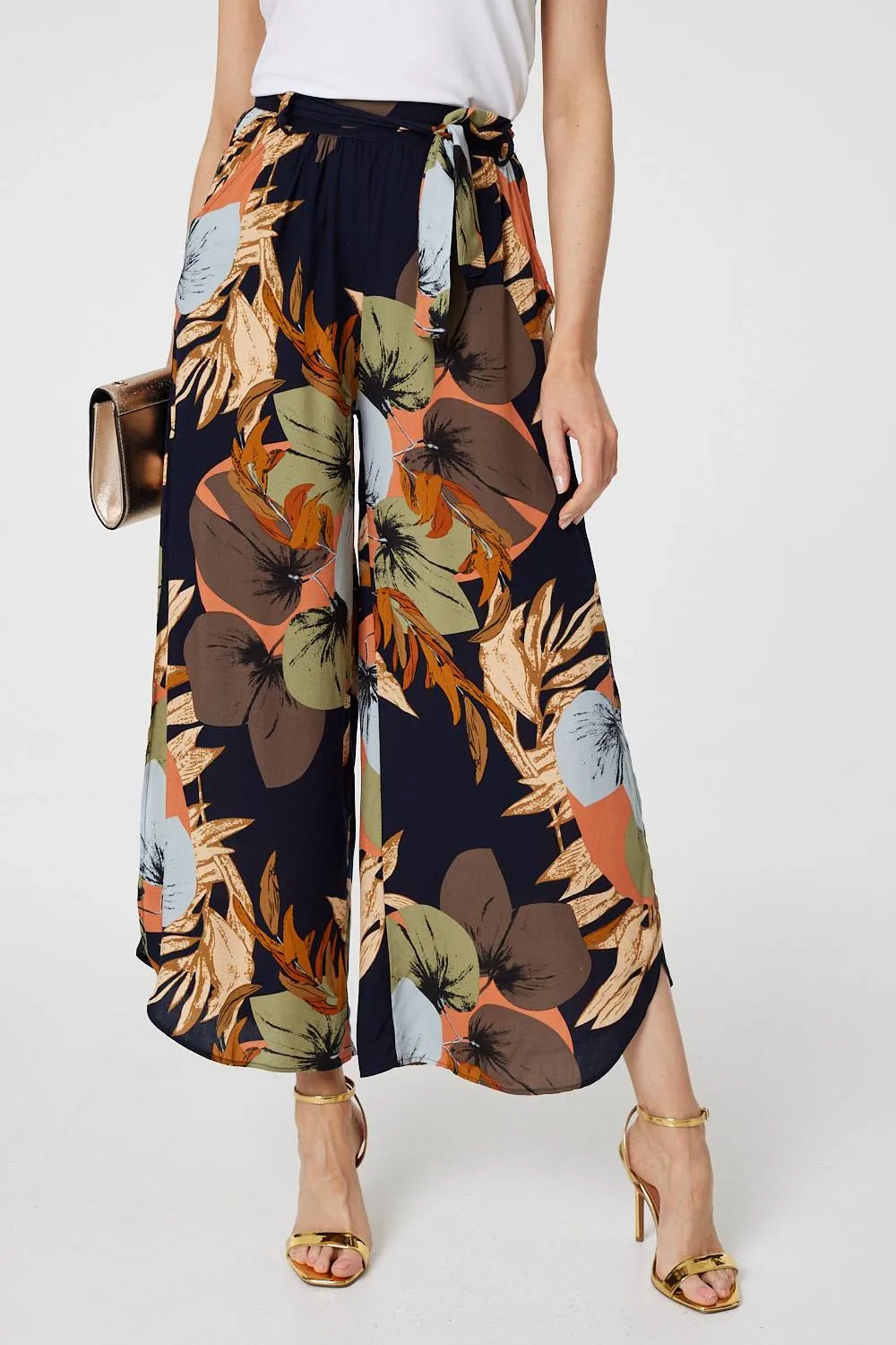 Leaf Print Tie Waist Split Leg Trousers