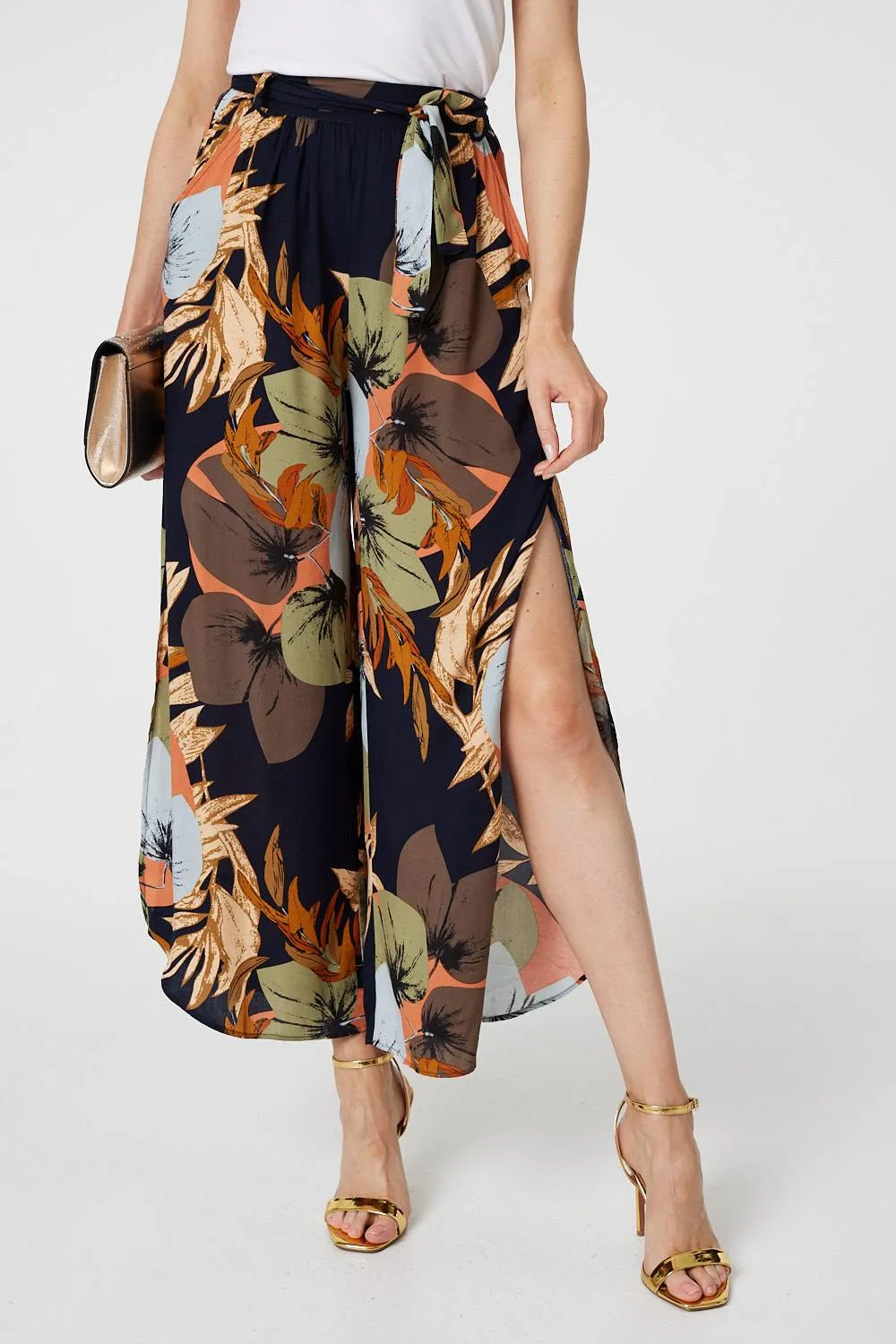 Leaf Print Tie Waist Split Leg Trousers