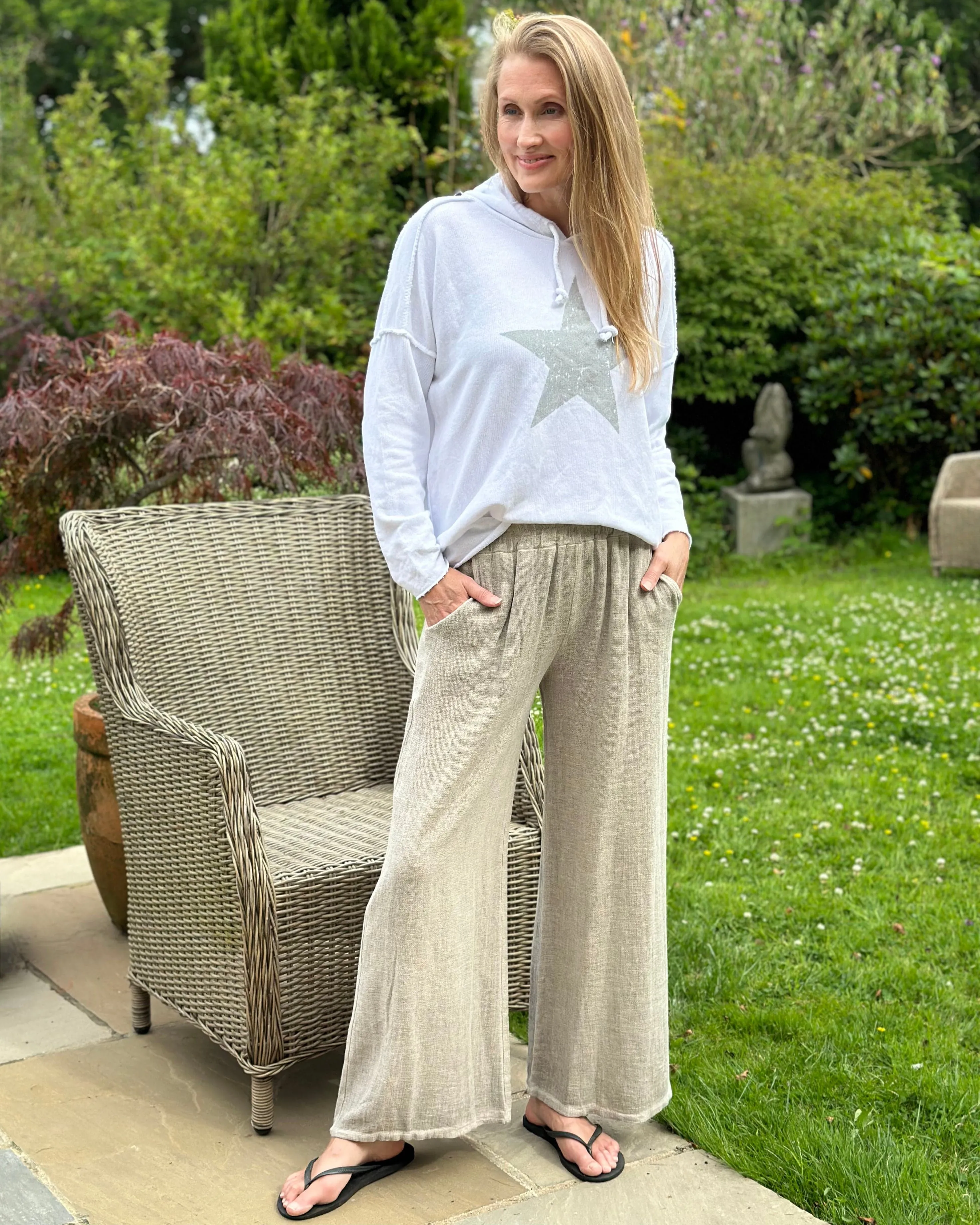 Linen Mix Wide Leg Trousers - Mocha