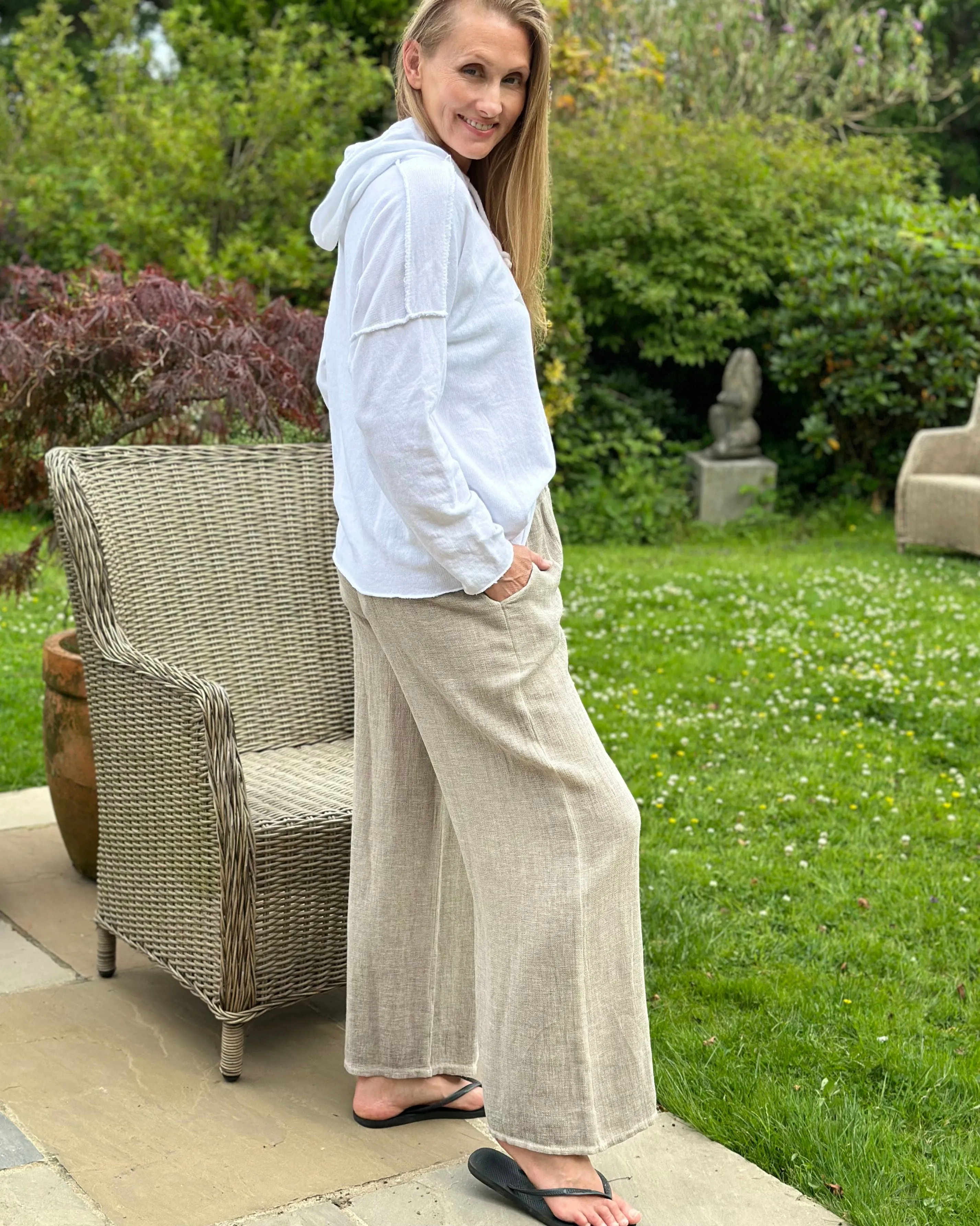 Linen Mix Wide Leg Trousers - Mocha