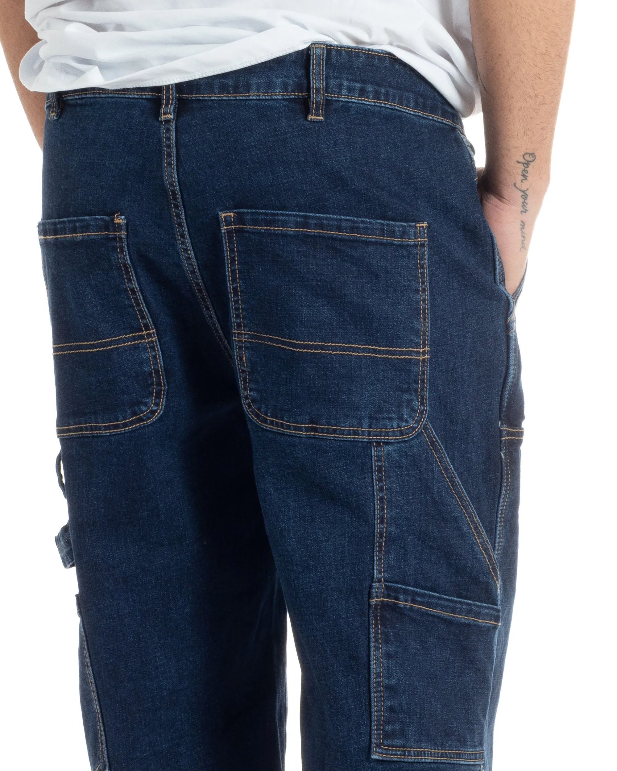 Pantaloni Jeans Uomo Baggy Fit Carpenter Worker Cargo Denim Scuro GIOSAL-JS1000A