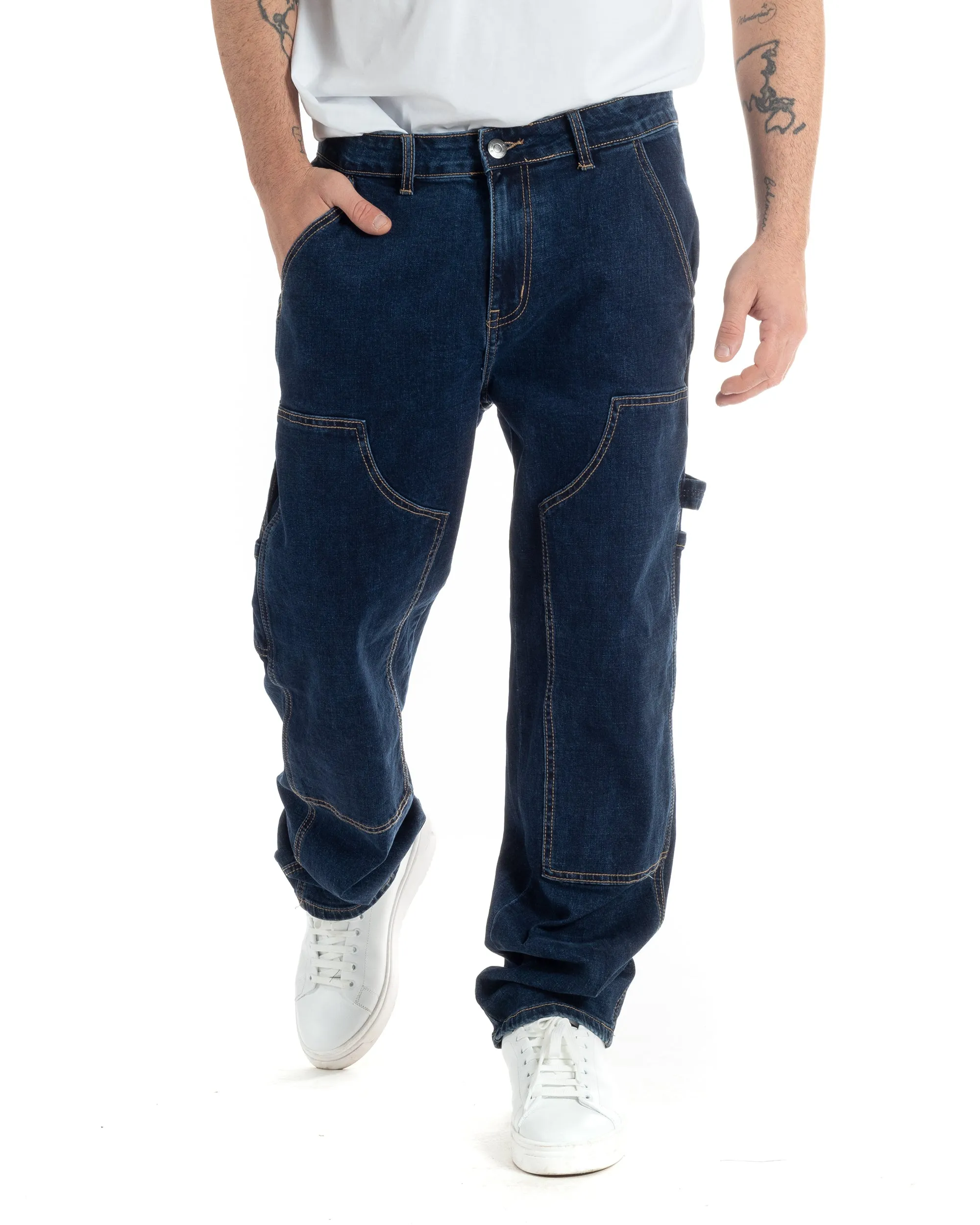 Pantaloni Jeans Uomo Baggy Fit Carpenter Worker Cargo Denim Scuro GIOSAL-JS1000A