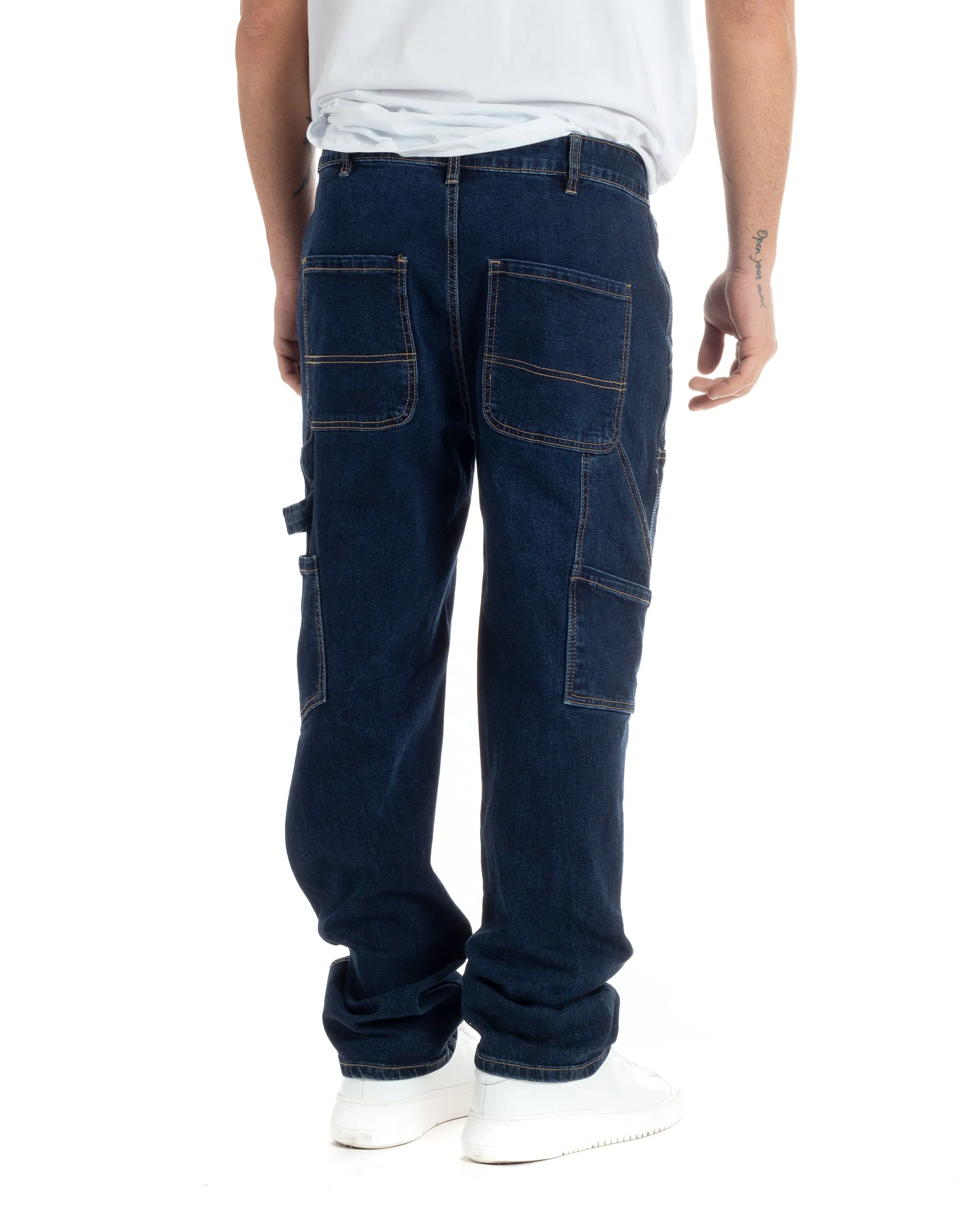 Pantaloni Jeans Uomo Baggy Fit Carpenter Worker Cargo Denim Scuro GIOSAL-JS1000A