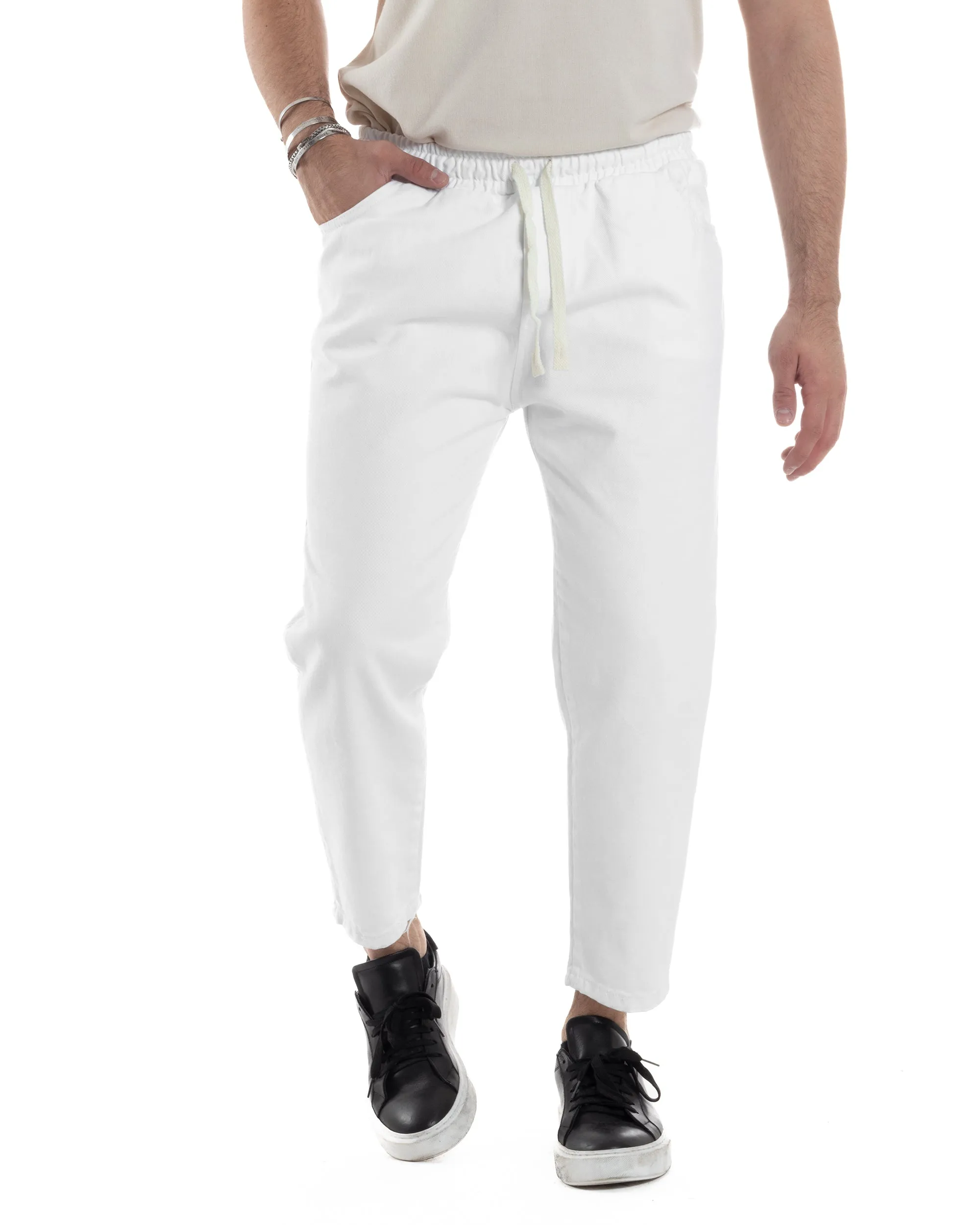 Pantaloni Jeans Uomo Regular Fit Pantalaccio Semplice Jogger Tinta Unita Bianco GIOSAL-JS1025A