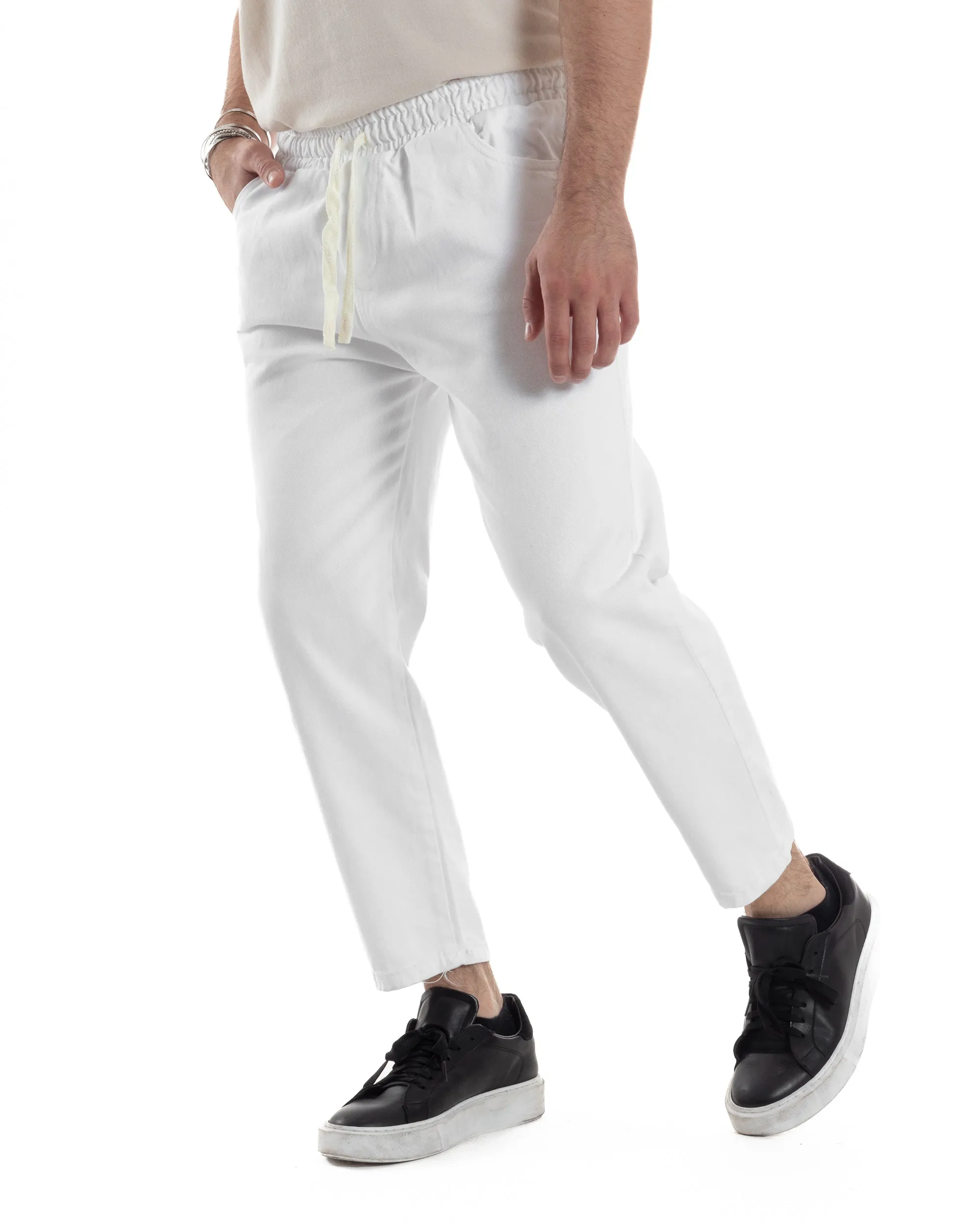 Pantaloni Jeans Uomo Regular Fit Pantalaccio Semplice Jogger Tinta Unita Bianco GIOSAL-JS1025A