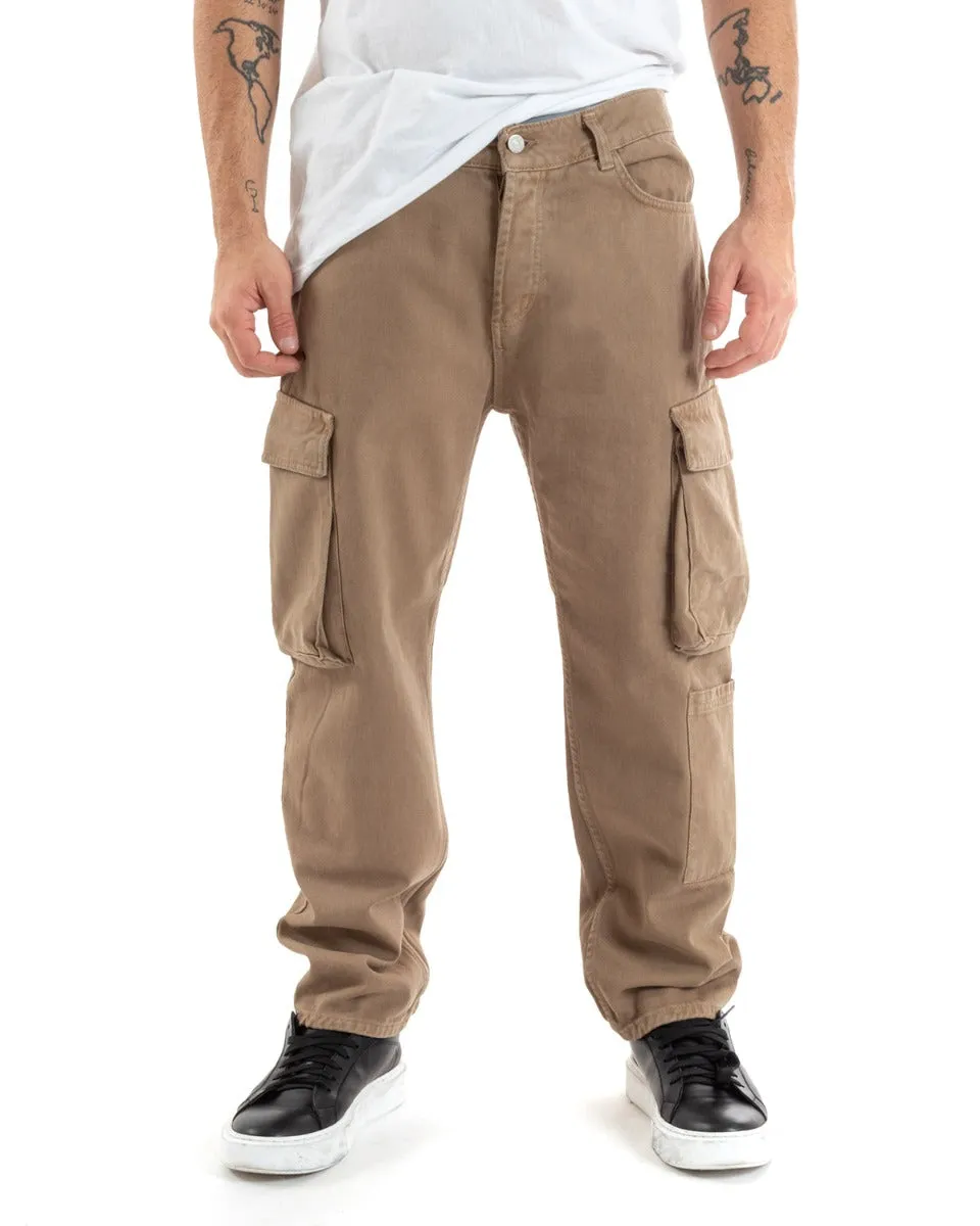 Pantaloni Jeans Uomo Straight Fit Cargo Camel Cinque Tasche Casual GIOSAL-P5550A