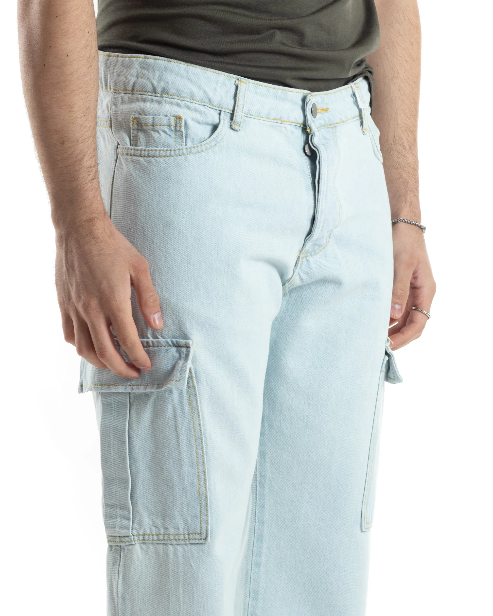 Pantaloni Uomo Cargo Tasconi Jeans Baggy Denim Chiaro Fondo Largo Ampio Casual GIOSAL-JS1020A