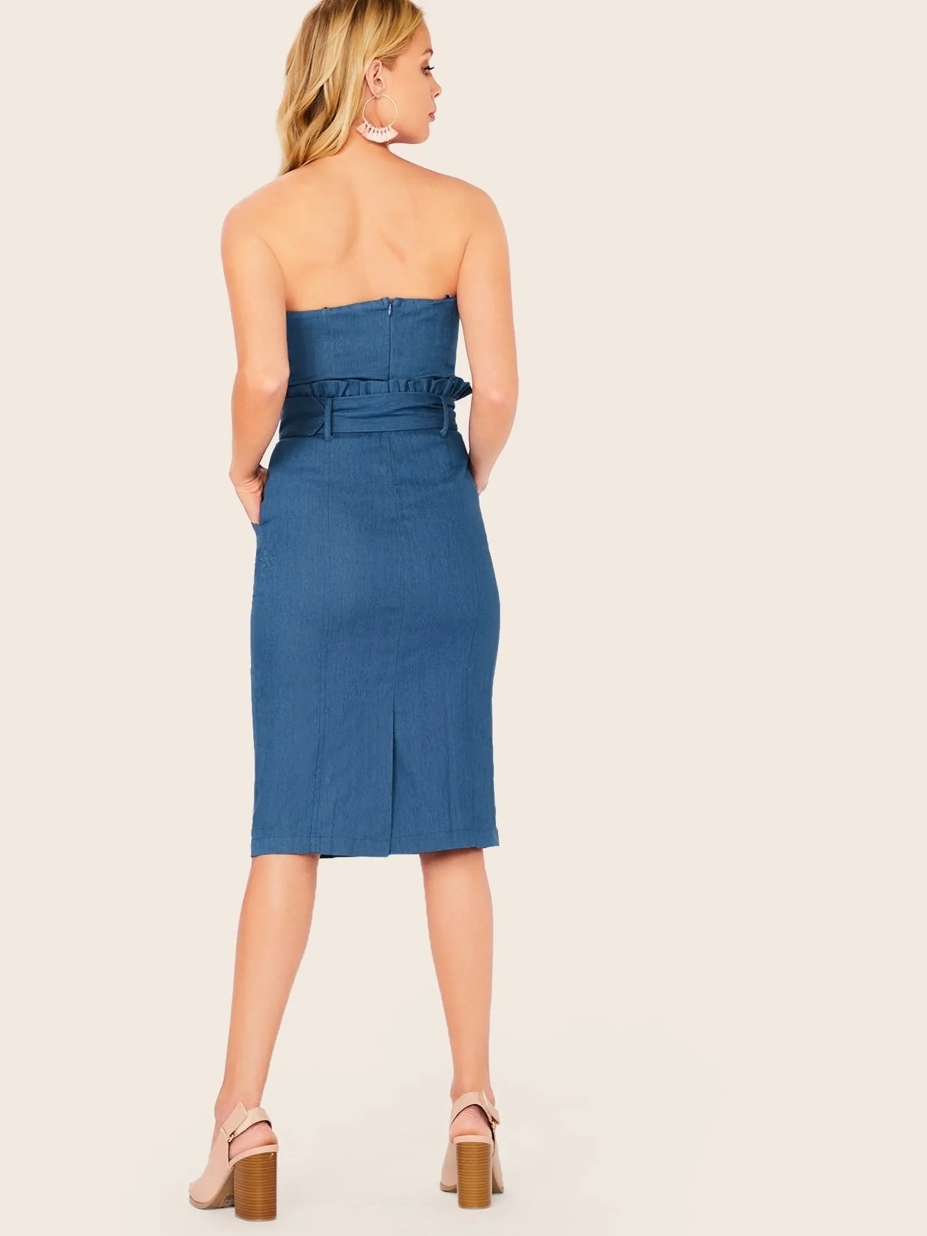 Ruffle Belted Waist Strapless Denim Dress