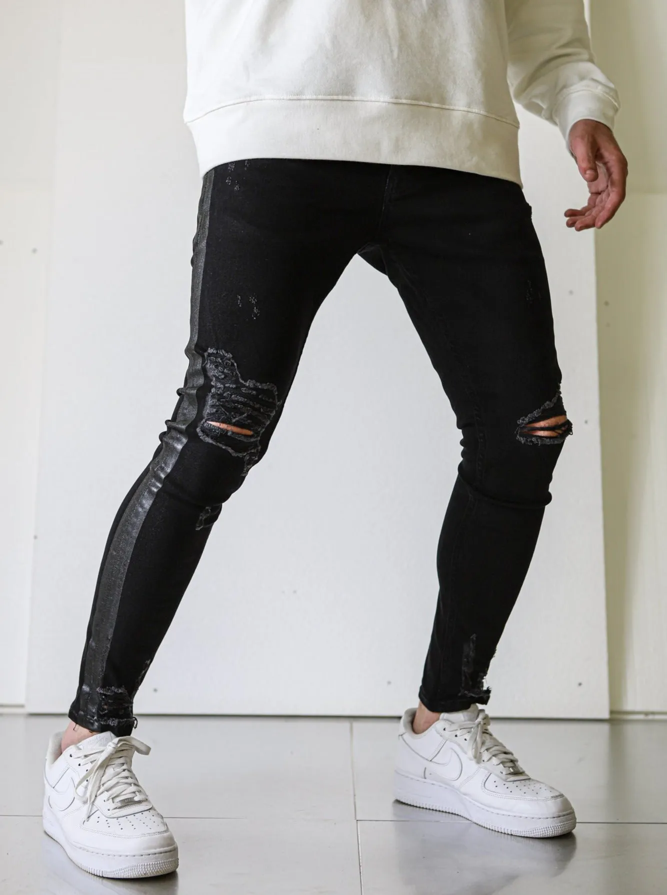 Side Stripe Black Ripped Jeans