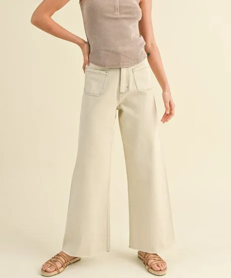 Straight Wide Leg Pants with Front Pockets - Washed Beige