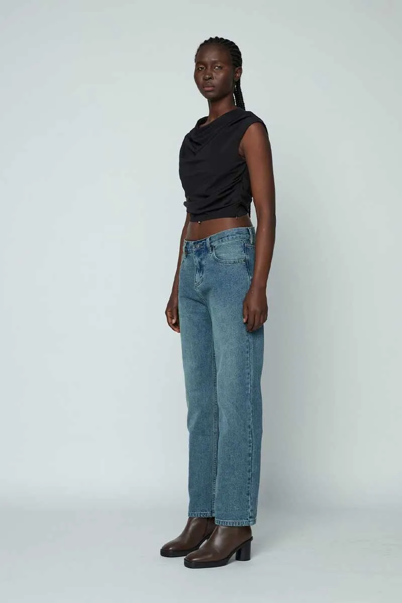 WOMENS STRAIGHT JEANS-MID WASH INDIGO