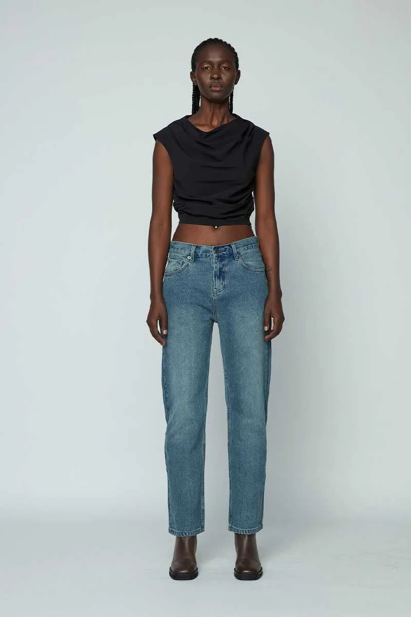 WOMENS STRAIGHT JEANS-MID WASH INDIGO